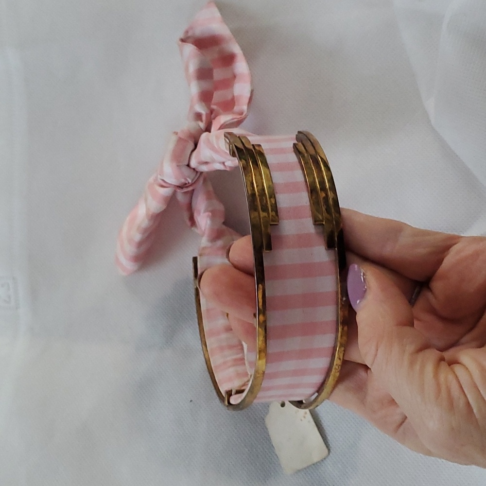 Pink Striped Ribbon Necklace with Brass Accent - Women Jewelry